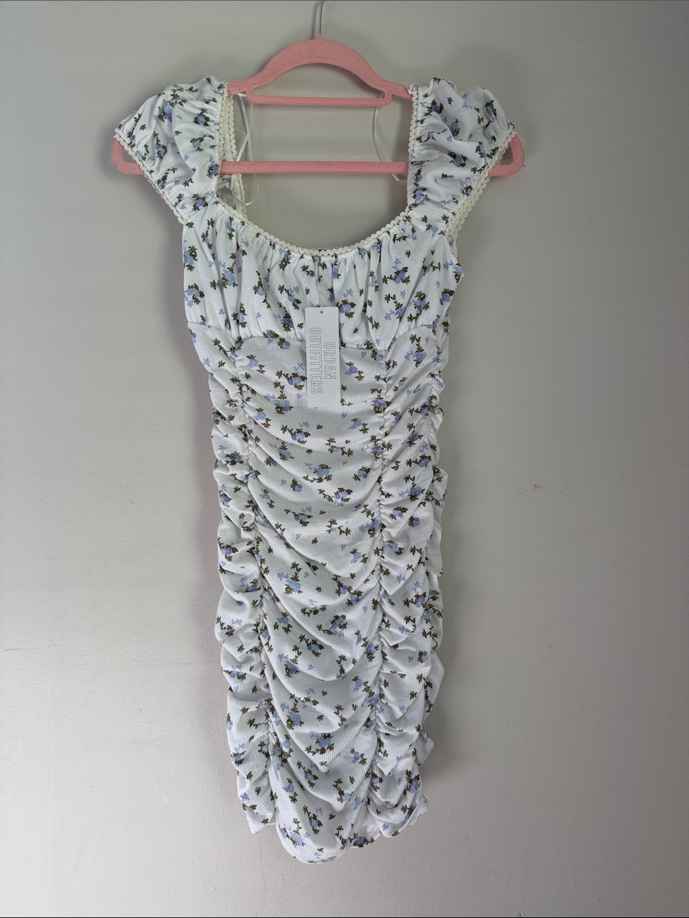 Smocked White Floral Ruched Mini Dress